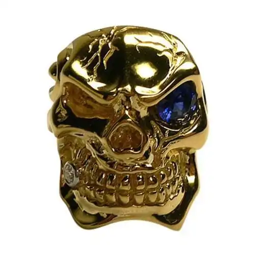Bikerringshop Blue Sapphire 14K Yellow Gold Mens Skull Ring 3 Bikerringshop Blue Sapphire 14K Yellow Gold Mens Skull Ring