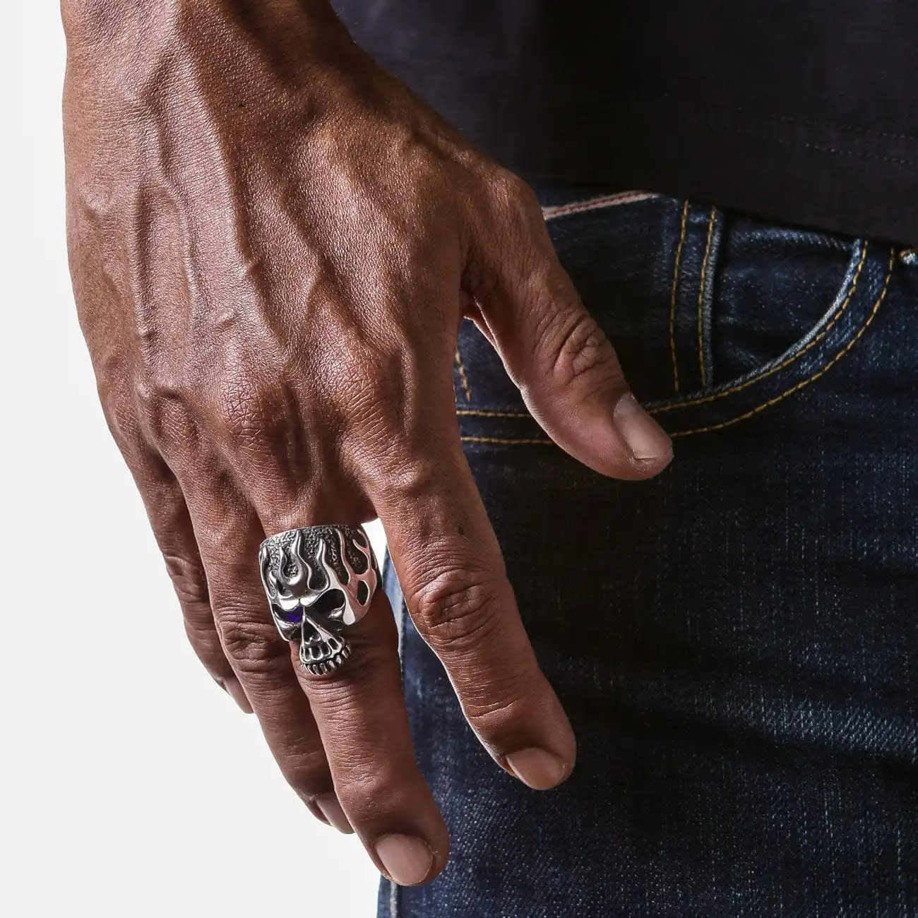 Bikerringshop Sterling Silver Blue Sapphire Eyes Flame Skull Ring 4 Bikerringshop Sterling Silver Blue Sapphire Eyes Flame Skull Ring - Image 2