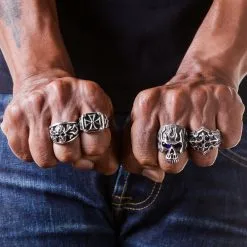 Bikerringshop Sterling Silver Blue Sapphire Eyes Flame Skull Ring