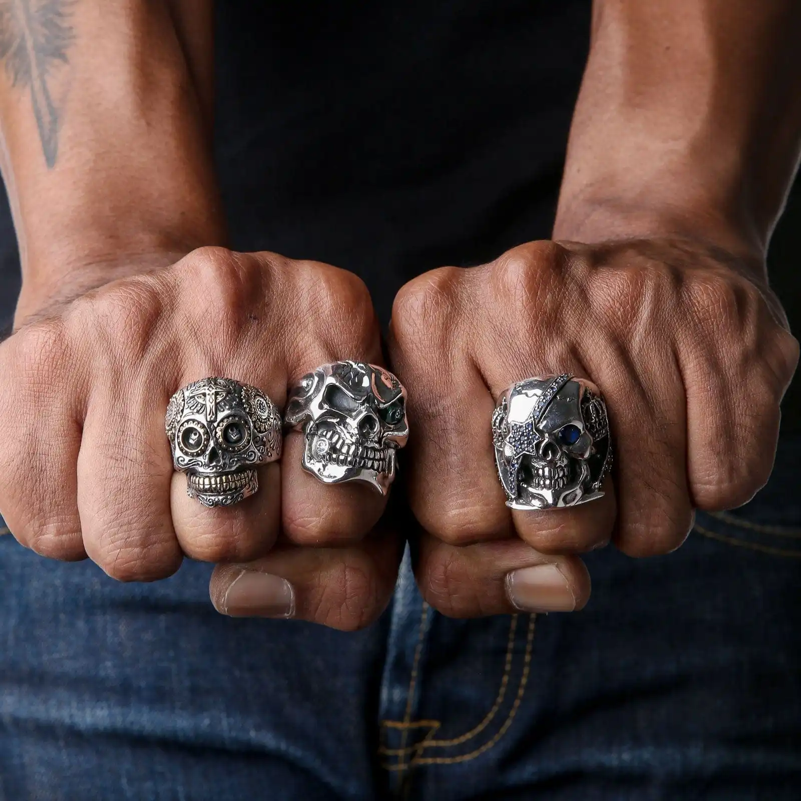 Bikerringshop Sterling Silver Sapphire Crown Pirate Skull Rings 4 Bikerringshop Sterling Silver Sapphire Crown Pirate Skull Rings - Image 2