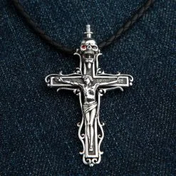 Bikerringshop Sterling Silver Skull Cross Jesus Gothic Pendant