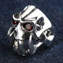 Bikerringshop Sterling Silver Red Eyes Skull Fang Devil Biker Ring 17 Bikerringshop Sterling Silver Red Eyes Skull Fang Devil Biker Ring -Outlet Rings Store sterling silver skull devil biker ring 2