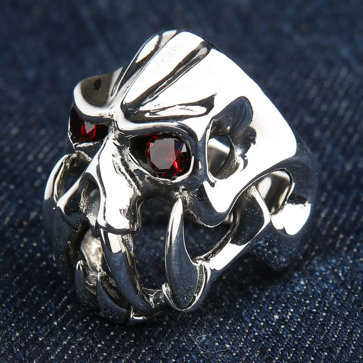 Bikerringshop Sterling Silver Red Eyes Skull Fang Devil Biker Ring 6 Bikerringshop Sterling Silver Red Eyes Skull Fang Devil Biker Ring - Image 4