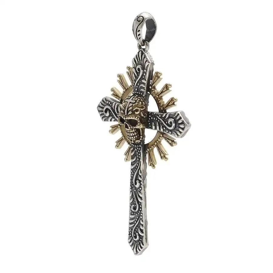 Bikerringshop Mexican Skull Gothic Cross Sterling Silver Men's Pendant 4 Bikerringshop Mexican Skull Gothic Cross Sterling Silver Men's Pendant - Image 2