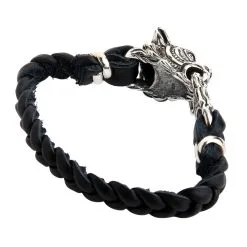 Bikerringshop Silver Tiger Head Leather Chain Bracelet -Outlet Rings Store tiger leather bracelet 3