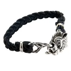 Bikerringshop Silver Tiger Head Leather Chain Bracelet -Outlet Rings Store tiger leather bracelet 4