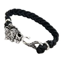 Bikerringshop Silver Tiger Head Leather Chain Bracelet