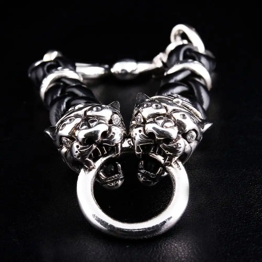 Bikerringshop Tiger Head Braided Genuine Leather Men's Bracelet 3 Bikerringshop Tiger Head Braided Genuine Leather Men's Bracelet