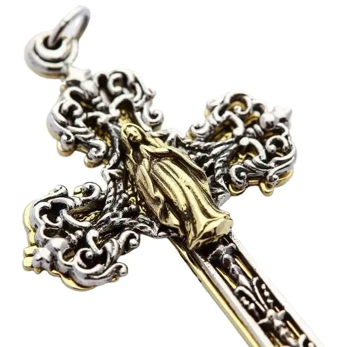 Bikerringshop Brass Silver Mary Angel Cross Pendant 4 Bikerringshop Brass Silver Mary Angel Cross Pendant - Image 2