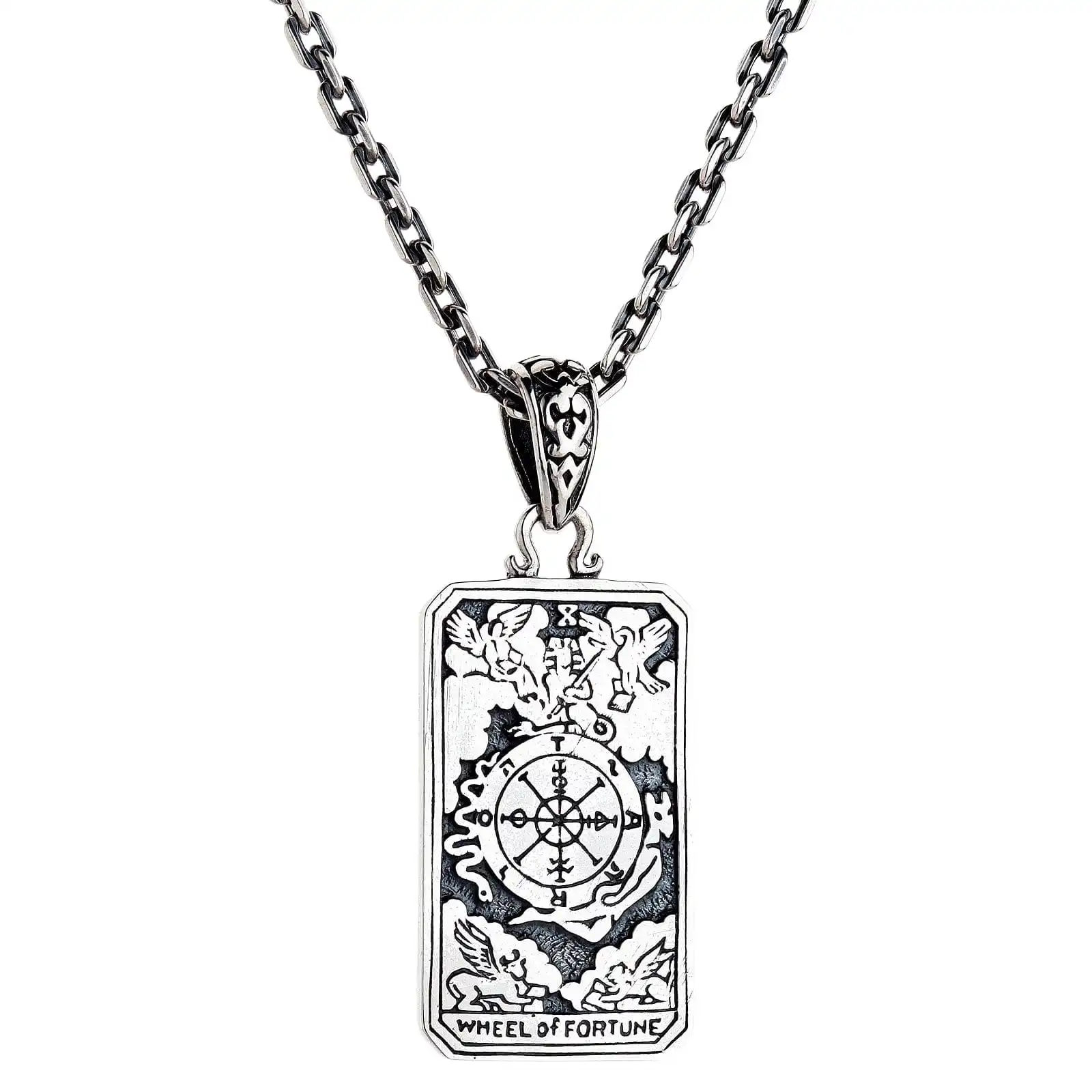 Bikerringshop Sterling Silver Wheel Of Fortune Tarot Card Pendant 3 Bikerringshop Sterling Silver Wheel Of Fortune Tarot Card Pendant