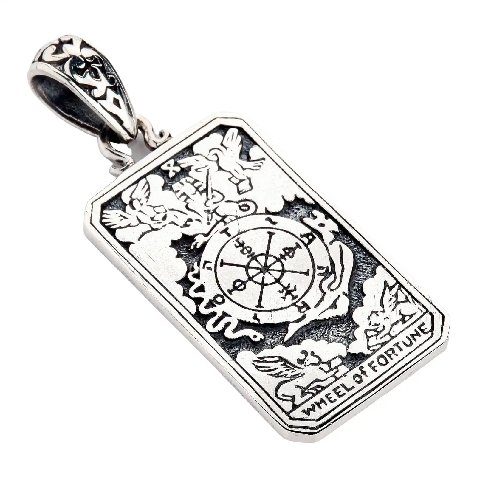 Bikerringshop Sterling Silver Wheel Of Fortune Tarot Card Pendant 4 Bikerringshop Sterling Silver Wheel Of Fortune Tarot Card Pendant - Image 2