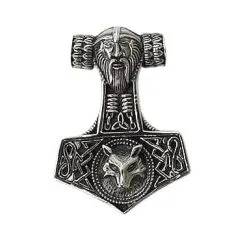 Bikerringshop Sterling Silver Fenrir Wolf God Mjolnir Thors Hammer Pendant